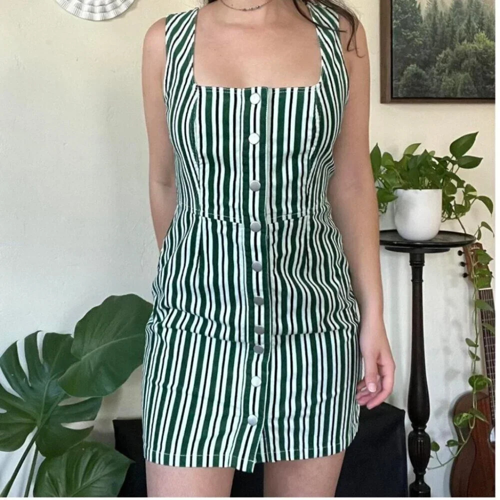 Urban Outfitters UO Striped Corduroy Dress Green White Size 4
